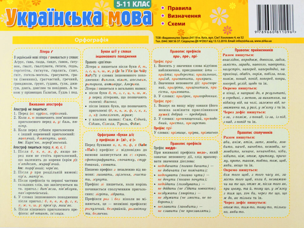 Картонка-підказка Українська мова 5-11 клас Правила А5 формату (210х148 мм)